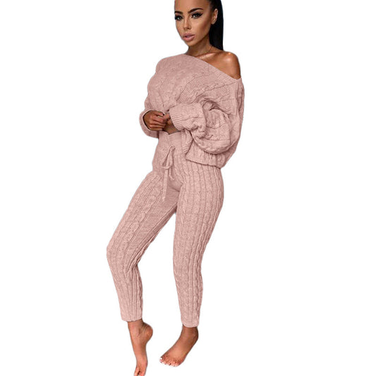 'Kitten' Off the Shoulder Knitted Tracksuit - 2 Pc Set